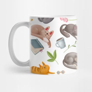 Cute Cats Napping with Books Pattern Mug